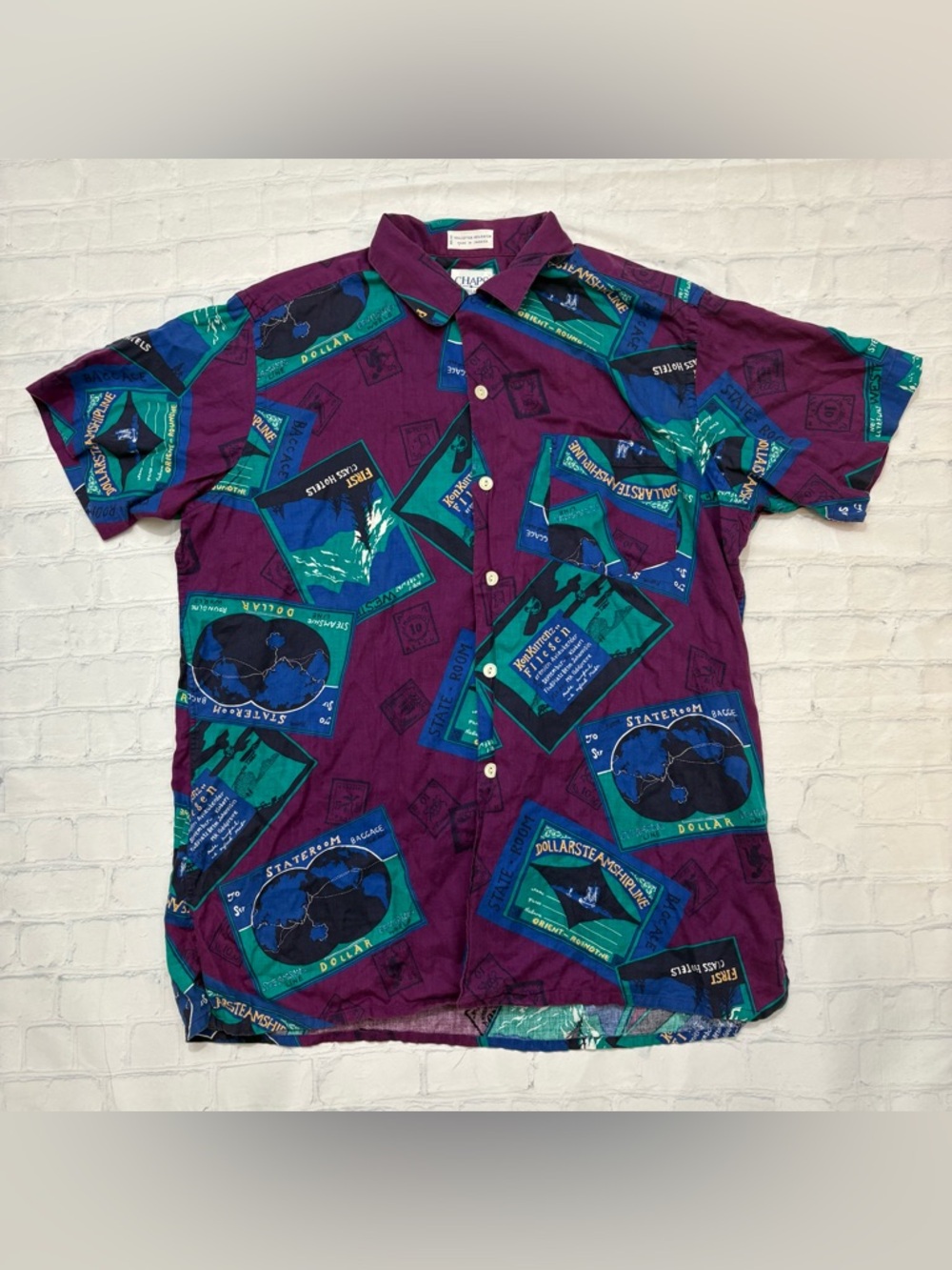 Vtg 80s Chaps Ralph Lauren Polo Button Shirt Men’s Size Large World Travel Rayon